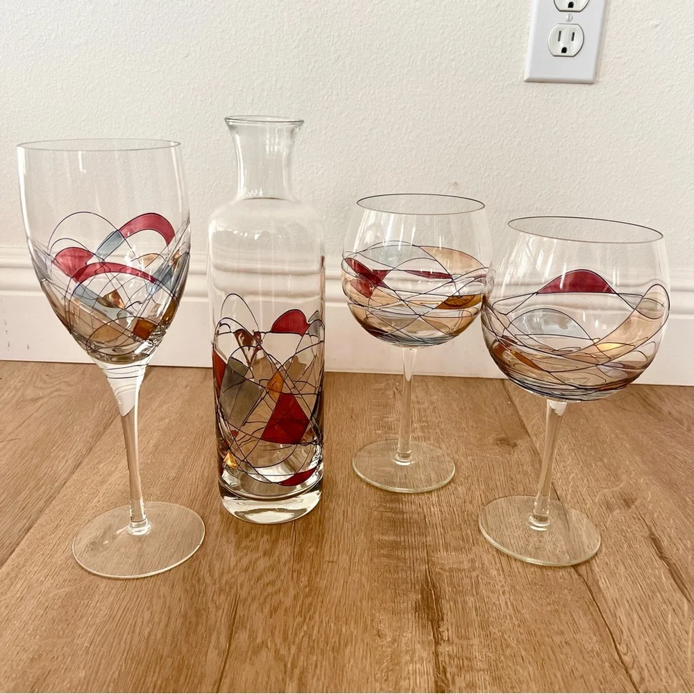 Set Of 4 Romanian Mosaic Stained Glass Crystal, 3‎ PCs Wine Glasses, 1 Decanter